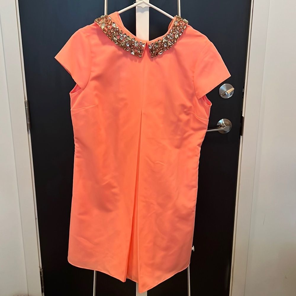 Neon coral pink ted baker Peter Pan collar mini dress w rhinestones